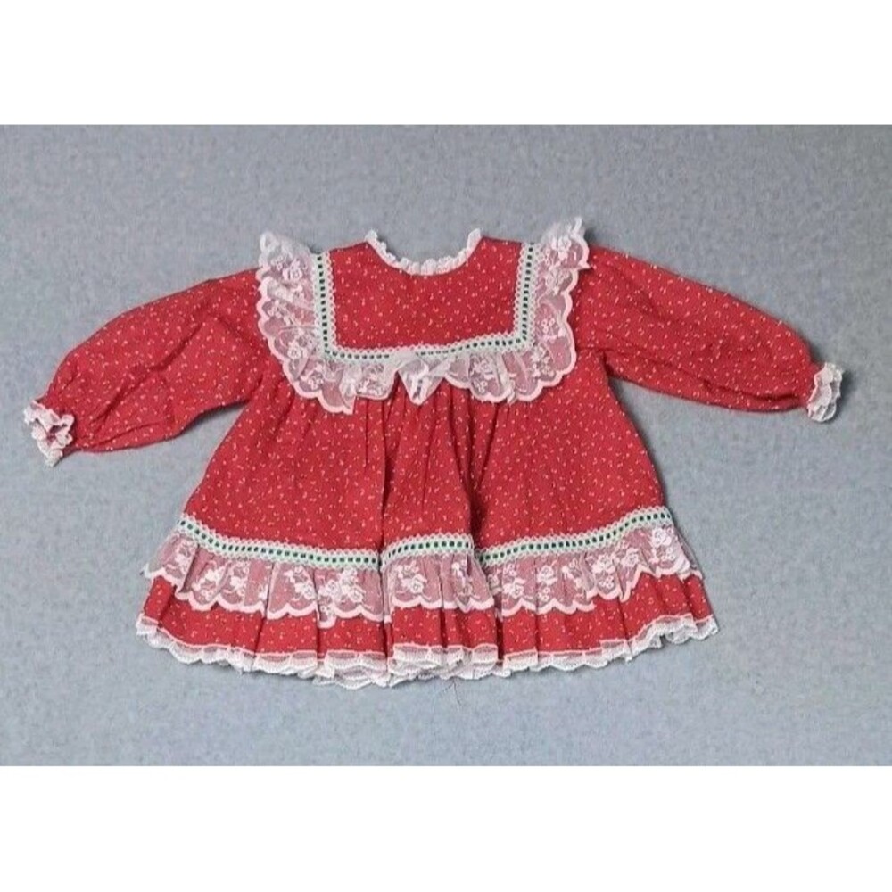 Vtg 1980s Bryan Baby Girl Red Calico Christmas Dress Lace Ruffle Prairie 18M
